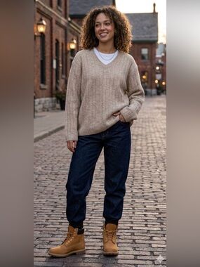 Timberland Women's (Unisex) Lambswool Oversized  V Neck Sweater, Beige Size XL